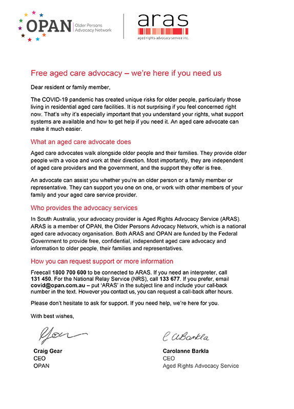 Letter to residents and their families or representatives