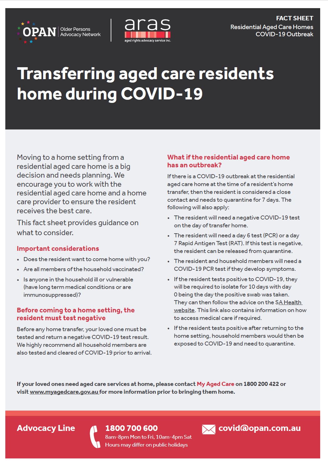 Transferring aged care residents home during COVID-19